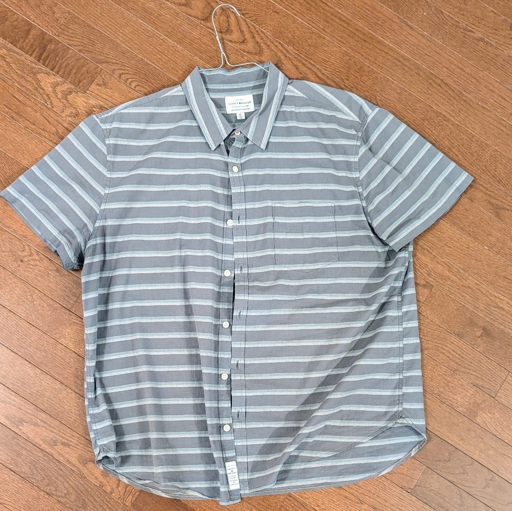 Lucky Brand - Short Sleeve, Gray/White/Mint Strip Button Down Shirt - …